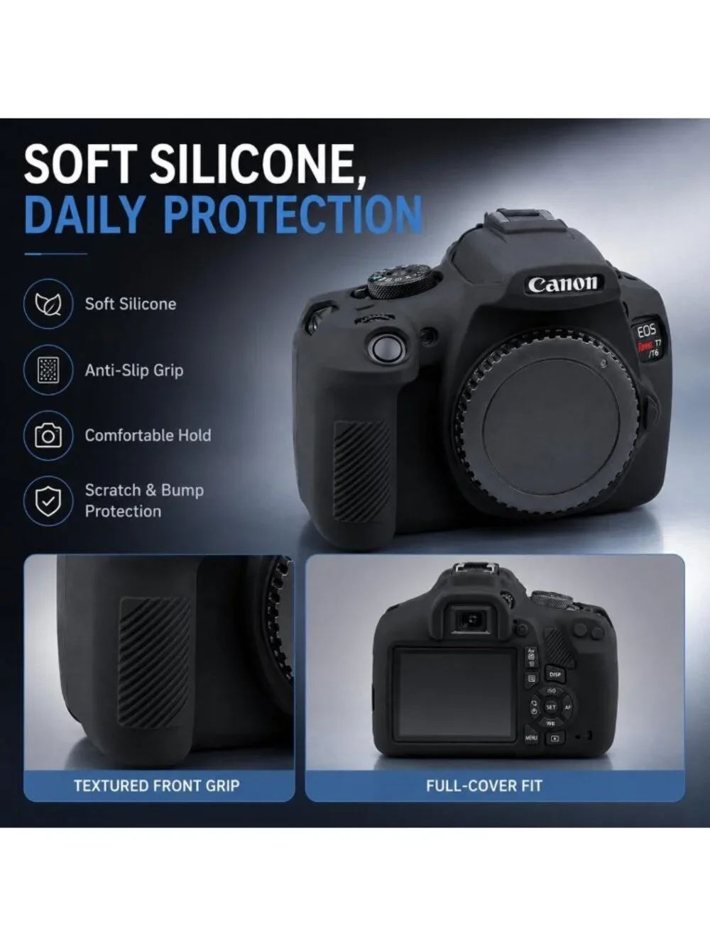 Soft Silicone Camera Case Cover for Canon EOS Rebel T7/T6 - Anti-Scratch, Screen